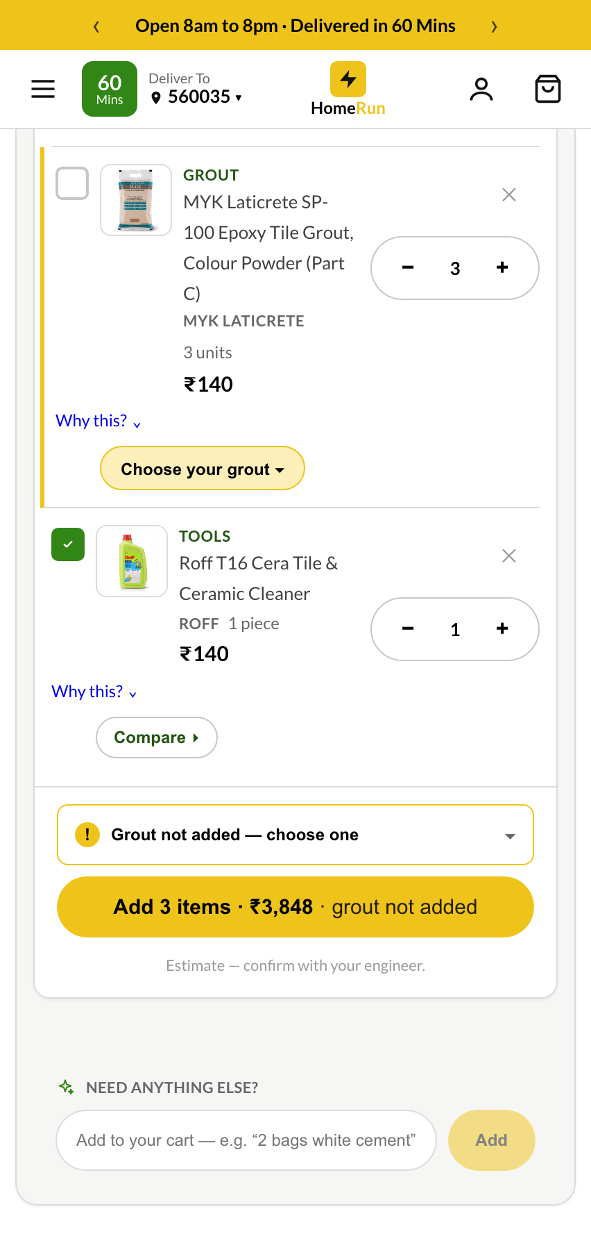 HomeRun kit footer showing a required grout choice, a quantity-aware total, and an honest estimate note