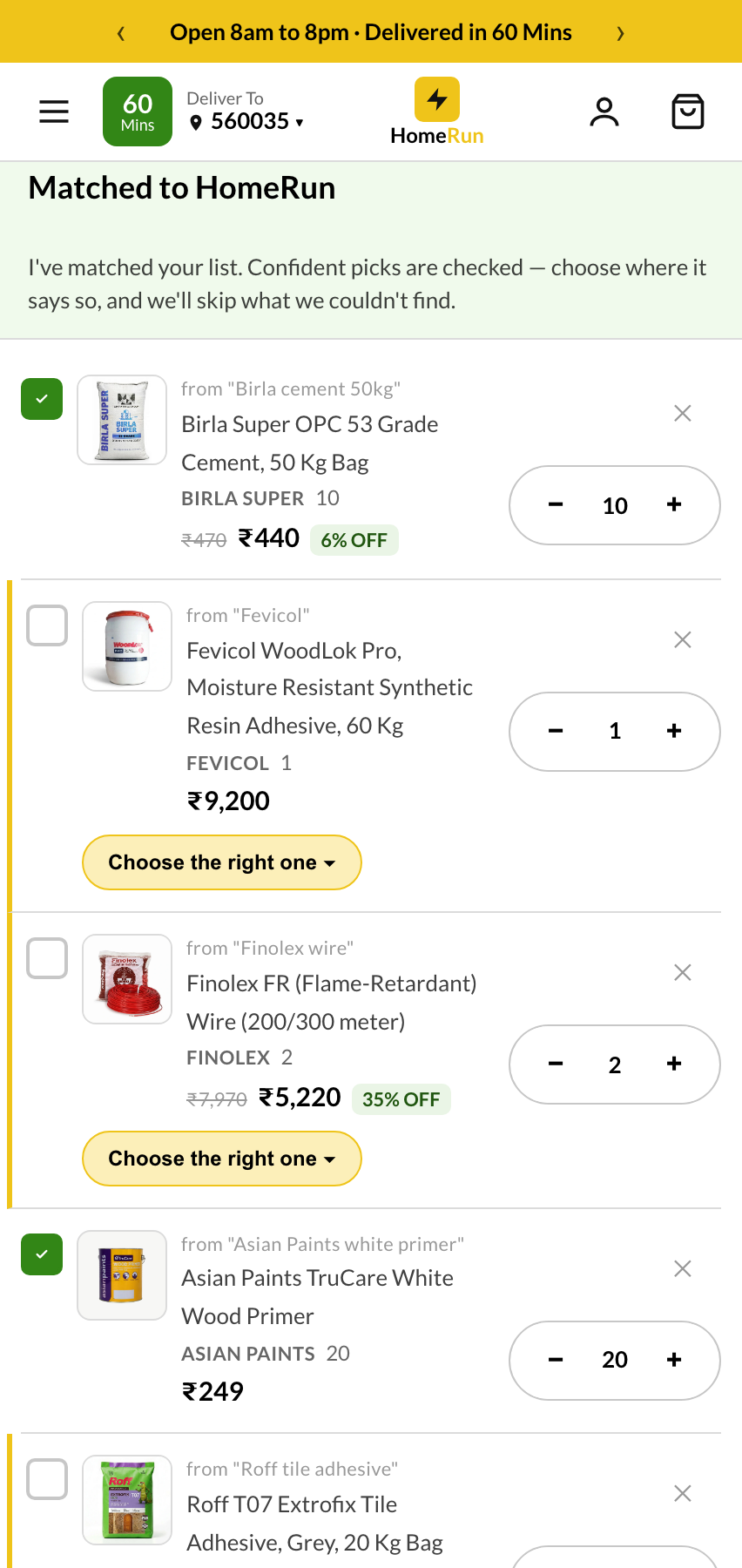 HomeRun matching a pasted materials list to real SKUs, bucketed by confidence