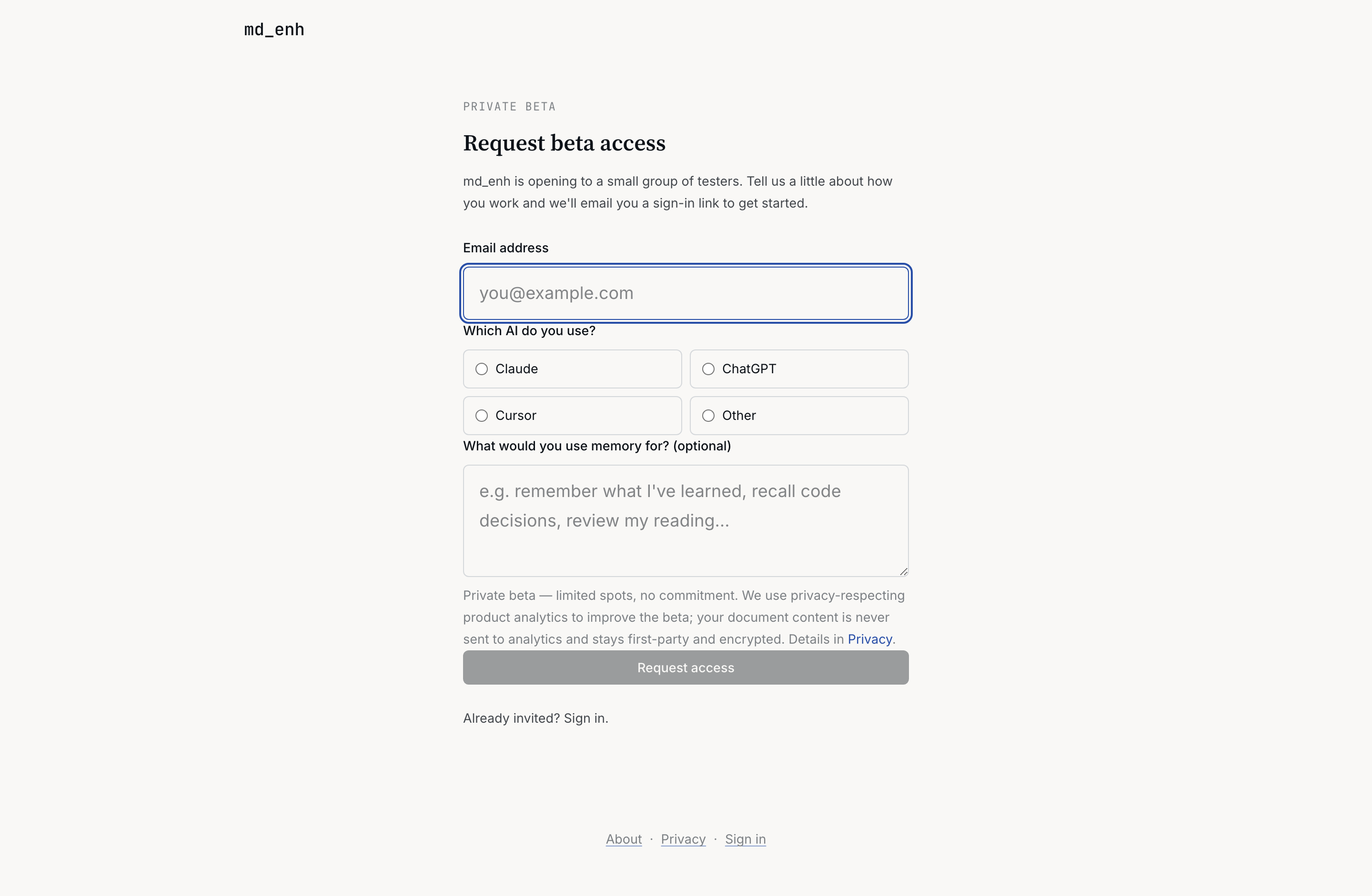 mdenh request-beta-access page qualifying testers by their AI tool and use case