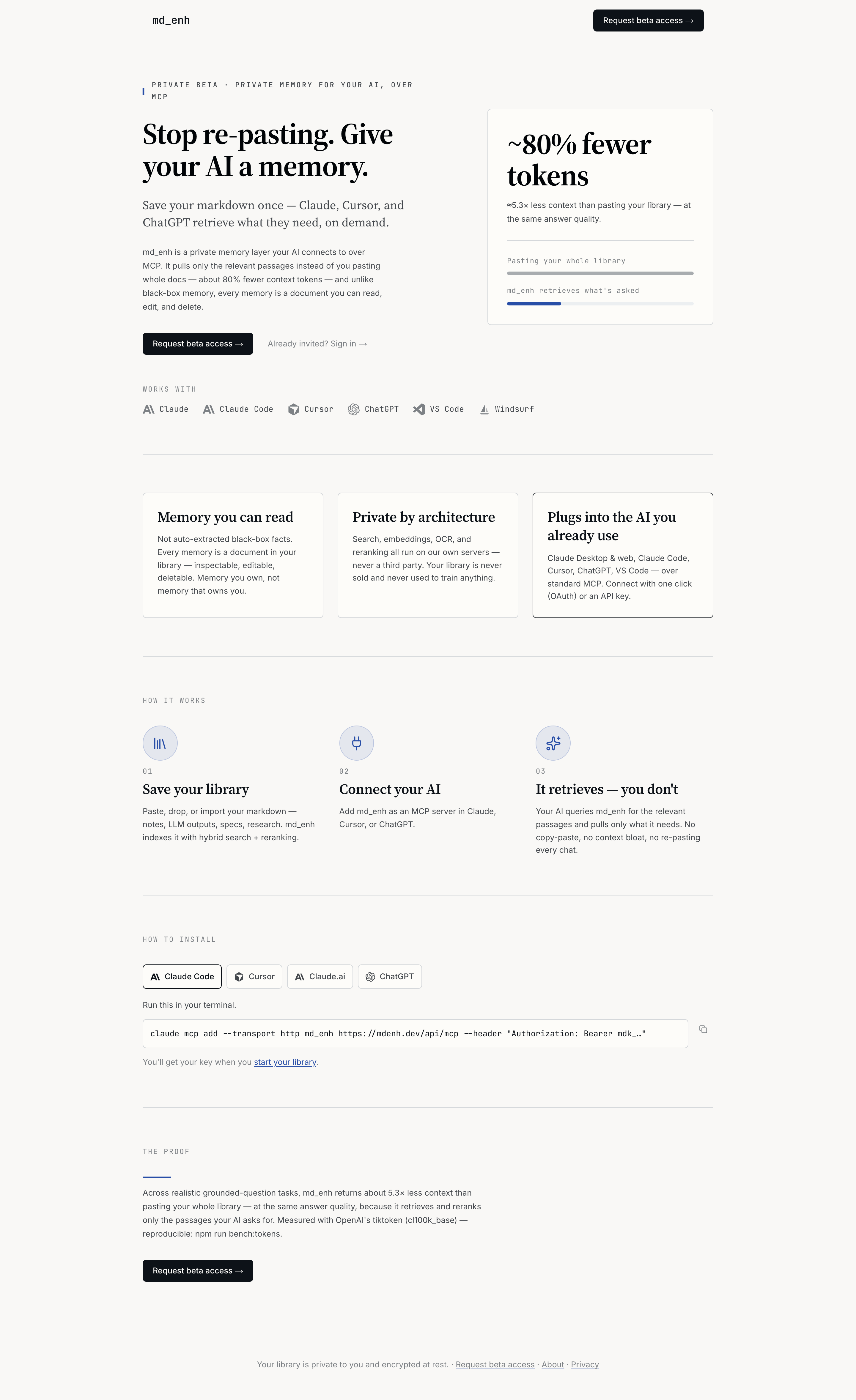 mdenh full landing page showing positioning, three pillars, and how it works