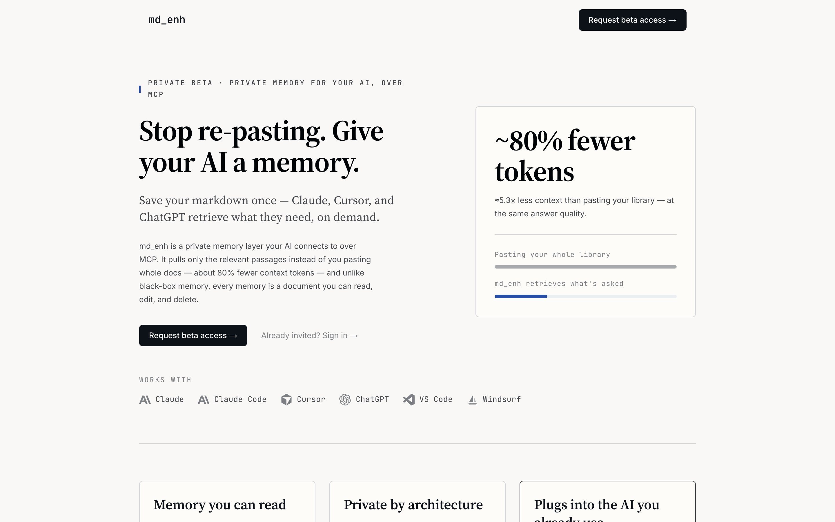 mdenh landing hero — 'Stop re-posting. Give your AI a memory.' beside an ~81% fewer-tokens panel