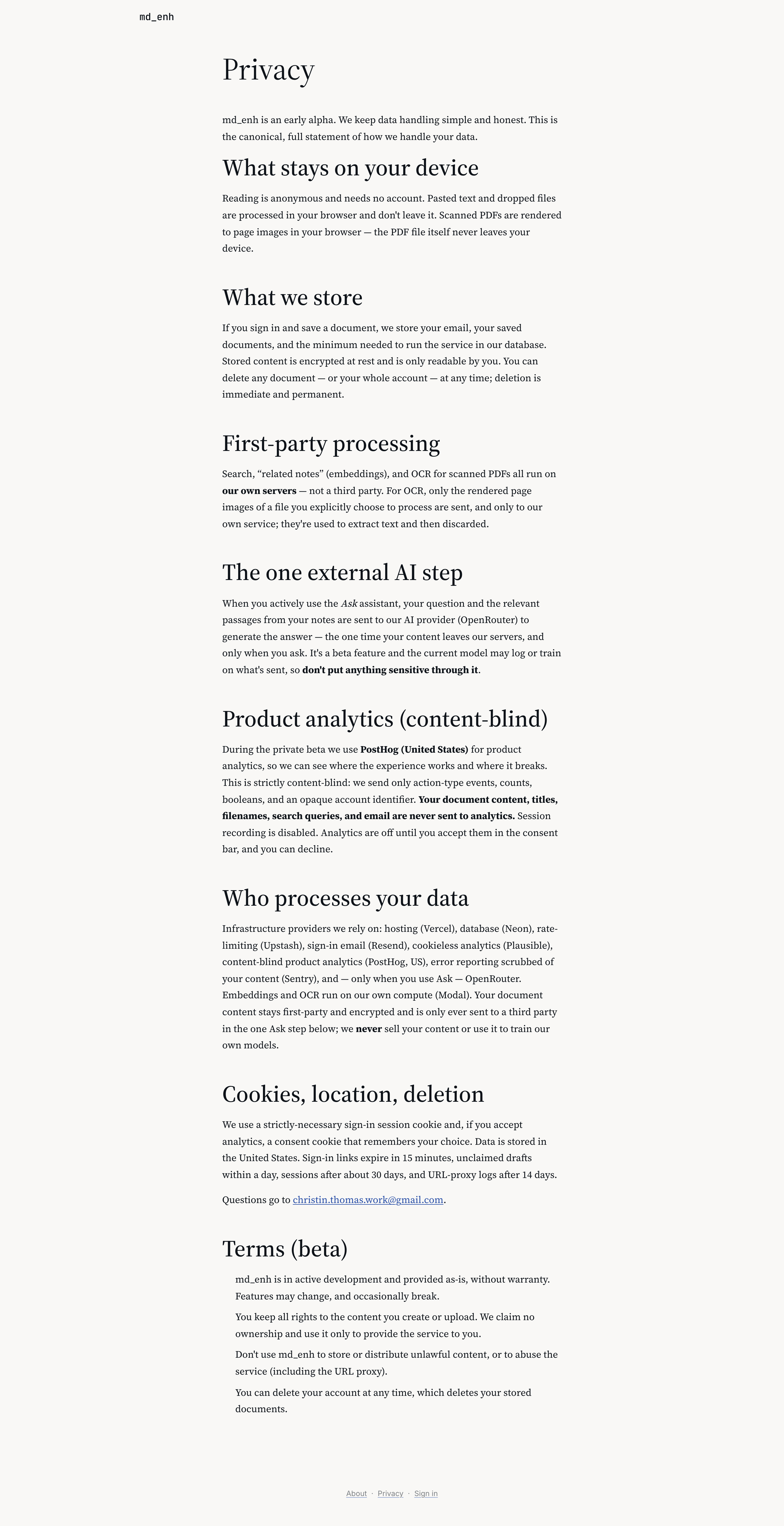 mdenh privacy page explaining what happens to your content in plain language